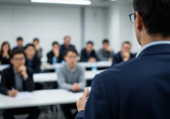 Fototapeta premium Male business coach giving a presentation to an audience in a seminar.