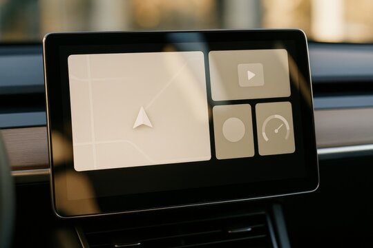 Fototapeta Modern car dashboard touchscreen with navigation map and app icons in minimal beige tones, set against blurred light background in vehicle interior. Ai generative