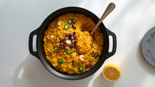 Lemon sevai in black pot, a mixture of dry cooked rice with turmeric, mustard seeds, black mung beans, a few chopped green chilies and cashews, Indian cuisine, Eastern dishes, Navaratri festival