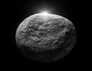 Gray asteroid, oval-shaped, against black backdrop, bright light source above