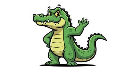 Fototapeta premium Friendly cartoon alligator waving its hand cheerfully on a white background happy alligator