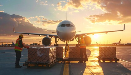 Workers loading cargo onto a plane at sunset, illustrating air freight and logistics. © damar yana