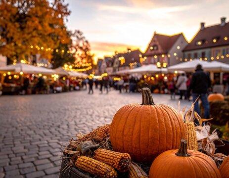 10. &ldquo;Autumn Halloween Market&rdquo;

Rustic town square decorated with pumpkins, dried corn, lanterns, locals in cozy clothes, warm autumn sunset lighting
