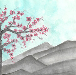 Watercolor painting nature background of pink flowers with blue sky and gray mountain on paper. Landscape of spring, season and tropical concept. Copy space for the text. Hand painted texture style.