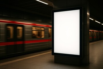 Blank illuminated billboard in subway station with moving train in background under artificial light, modern urban architecture concept. Ai generative