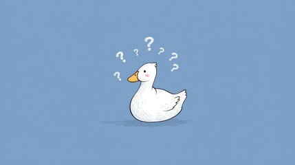 A cartoon white duck with question marks above its head, set against a blue background.
