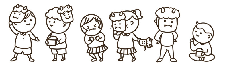 節分を楽しむ並ぶ子供たち　カラー