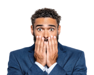 Surprised businessman expressing shock in portrait isolated on transparent background