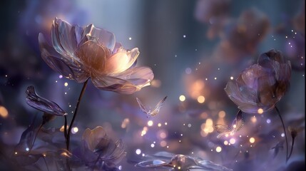 Delicate flowers glowing with soft light in a magical, dreamlike setting