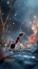 Close-up of a red ant on the ground with blurred natural background and bokeh lighting
