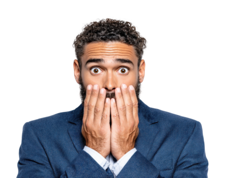 Surprised businessman expressing shock in portrait isolated on transparent background