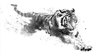 Black and white artistic depiction of a tiger in motion, rendered with watercolor-like splashes and dynamic brushwork.