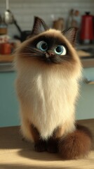 A fluffy cat with striking blue eyes sits on a wooden surface in a kitchen setting.