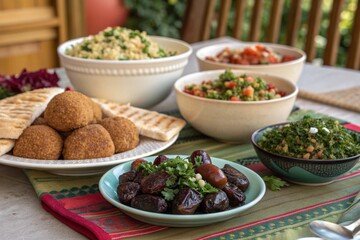 A table with a variety of food, including meatballs, meatballs, and meatballs