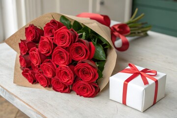 A bouquet of red roses sits next to a white box