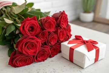 A bouquet of red roses sits next to a white box