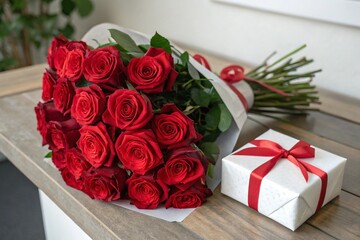 A bouquet of red roses sits next to a white box