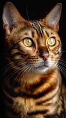 Close-up portrait of a tabby cat with striking green eyes and detailed fur patterns against a dark background