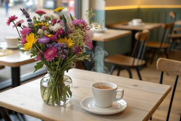 A vase of flowers sits on a table next to a cup of coffee