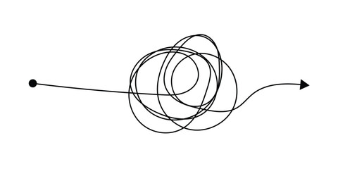 Scribble chaos lines with arrows. Simplifying mind process. Process of understanding. Work with a psychologist. Hand drawn doodle vector illustration isolated on white background in eps 10.