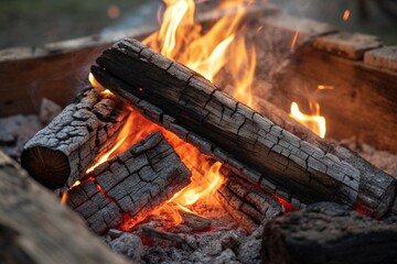 A pile of wood is burning in a fire p