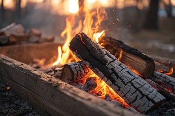 A pile of wood is burning in a fire p