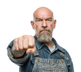 Defiant man raising fist portrait strong stance isolated on transparent background