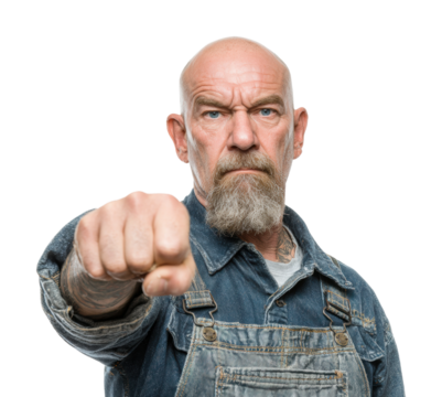 Defiant man raising fist portrait strong stance isolated on transparent background