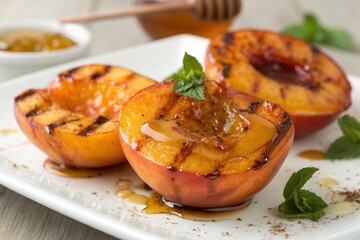 Three grilled peaches with honey drizzled on top