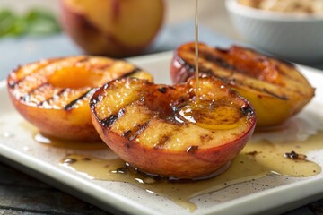Three grilled peaches with honey drizzled on top