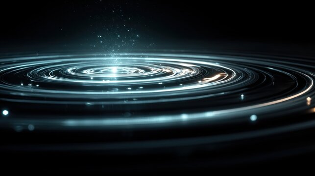 Abstract glowing concentric rings with light particles on dark background
