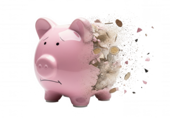 Pink piggy bank shattering with coins isolated on a transparent background