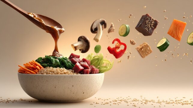 A bowl of rice and vegetables with sauce being poured, ingredients floating in mid-air