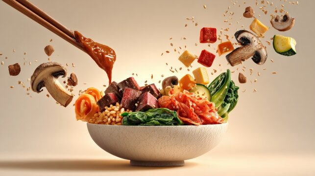 A bowl of mixed vegetables, meat, and grains with chopsticks pouring sauce, ingredients flying in mid-air - Powered by Adobe