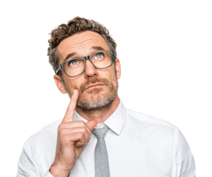 Contemplative businessman office portrait isolated on transparent background