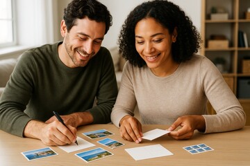 Couple writing postcards together at home, smiling and enjoying quality time on a bright day with cozy interior background. Ai generative. Ai generative