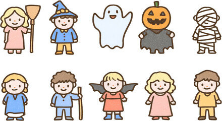 Adorable cartoon Halloween characters including witch, wizard, ghost, pumpkin, mummy, bat, and more perfect for festive designs