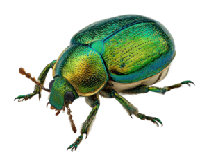 Vibrant green beetle crawling on leaves nature insect isolated on transparent background