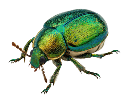 Vibrant green beetle crawling on leaves nature insect isolated on transparent background