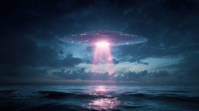 A glowing UFO hovers over the ocean at night, emitting a bright beam of light onto the water surface.