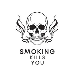 Fototapeta premium Bold skull smoking with a mustache, a striking warning about the dangers of smoking and death, isolated on white