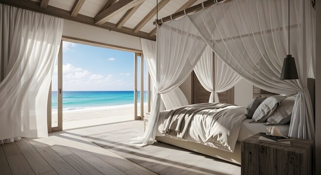 Luxury tropical bedroom with canopy bed and ocean view
