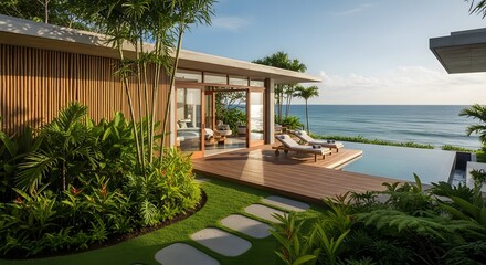 Luxury tropical villa with infinity pool overlooking the ocean at sunset