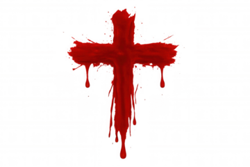 Red cross created by dripping paint representing sacrifice, faith, christianity and religious symbolism on transparent background
