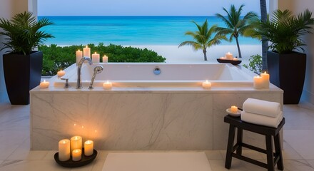 Plakat Luxury bathtub with ocean view and candles at sunset