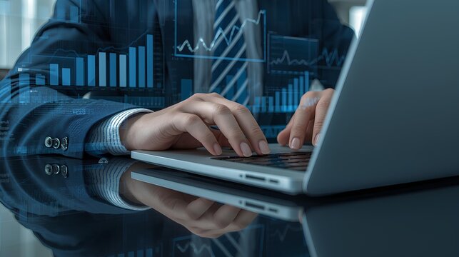 Business Analyst on Laptop: A person in a professional suit is deeply immersed in a digital world, meticulously working on a laptop with financial chart overlays to analyse the performance