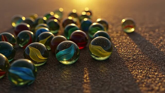 Close up of colorful glass marbles scattered on a textured surface with sunlight