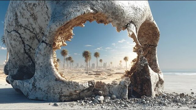 Surreal skull with a landscape view suggesting mortality and environment