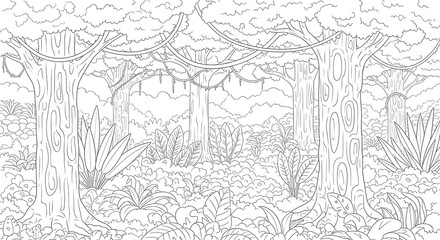 Fototapeta premium Jungle line art illustration showing tree outlines, vines, and foliage, black stroke only, ideal for posters and educational designs.