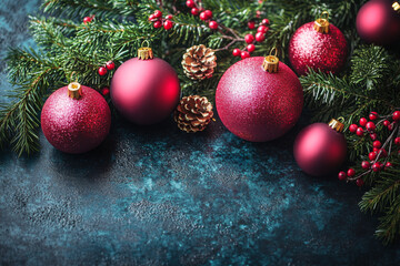 Naklejka premium Christmas Decoration With Red Baubles And Pine Branches